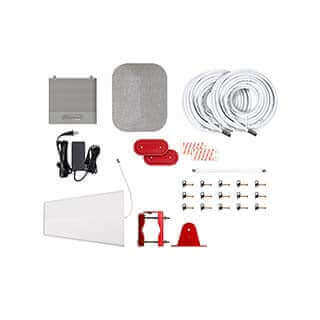 weBoost Home MultiRoom Signal Booster Kit with accessories for enhancing cell coverage in large rooms.