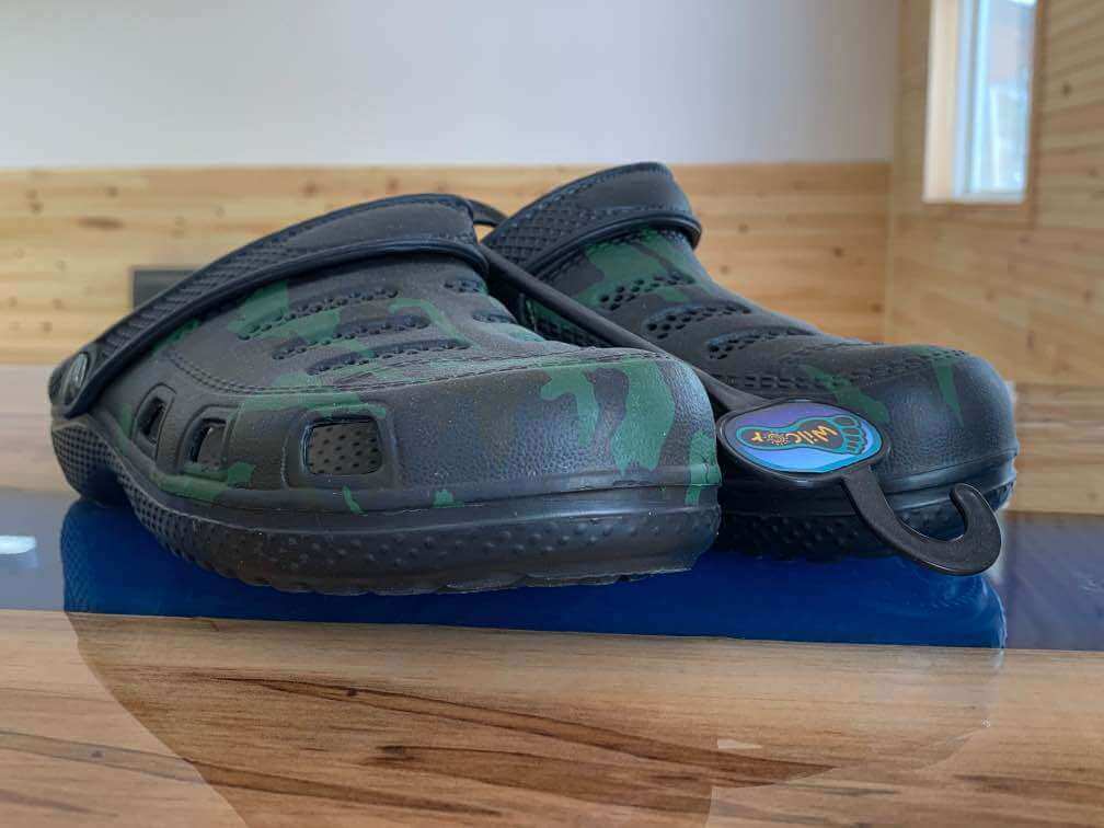 Wilcor Men's Assorted Clogs in camo print, size 8-12, sold by Cabin Depot with logoed strap, perfect for outdoor adventures.