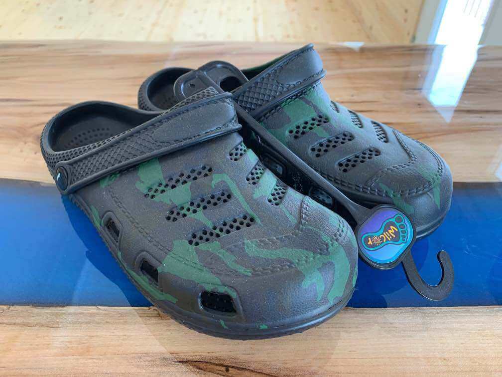 Wilcor Men's Assorted Camo Clogs, sizes 8-12, featuring green camo on black with Wilcor strap logo, available at Cabin Depot.