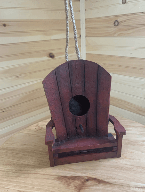 Adirondack Chair Birdhouse for cabins, ideal for birdwatching. Available at Cabin Depot. Enhances garden decor and attracts birds.
