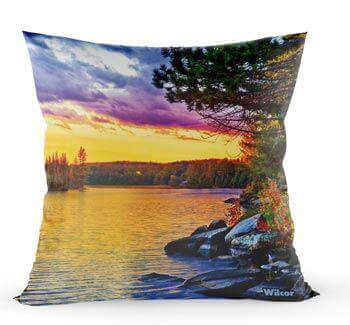 18" Lake Scene Throw Pillow from Cabin Depot, featuring a serene sunset view over the water, ideal for home decor and cabin settings.