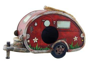 Birdhouse travel trailer, polystone, 7.5" x 2.5" x 4", red with floral design, decorative garden accessory.