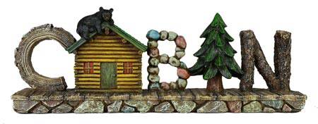 Wilcor Lite Up Cabin Word Sign with bear and tree design, polystone material, available at Cabin Depot, size 12x2.5x4.25 inches.