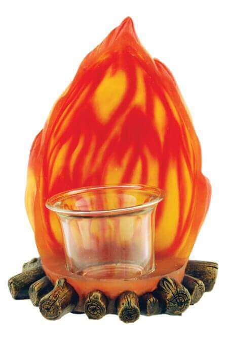 Campfire T-Lite Holder with a vibrant flame design, perfect for adding warmth and ambiance to any room, size 6" x 4".