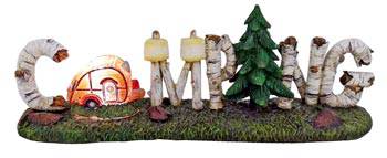 "Camping decoration with birch letters and light-up trailer, polyresin, 10.25x2.5x3.75 inches, includes 2 button cell batteries"