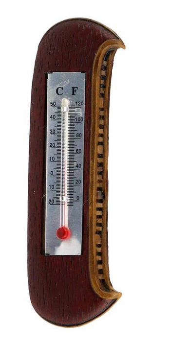 Canoe-shaped magnet thermometer measuring 4.5x1 inches in brown, showing temperature in Celsius and Fahrenheit.