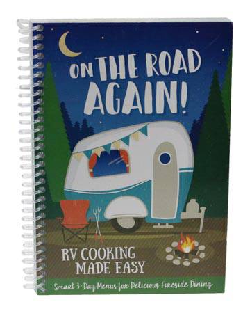 Cookbook cover featuring an RV under a night sky, titled "On The Road Again," offering 3-day trip menus for RV cooking.