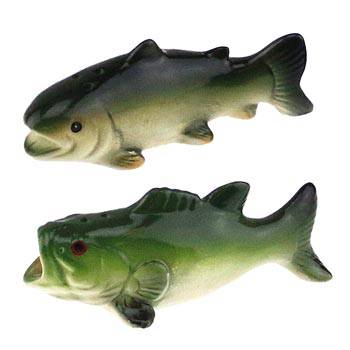Wilcor fish salt and pepper shakers, featuring trout and bass design from Cabin Depot. Heavy dolomite, 4x1.5x1.5 inches.