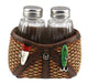 Woven fishing basket salt and pepper holder with glass shakers and decorative lures.