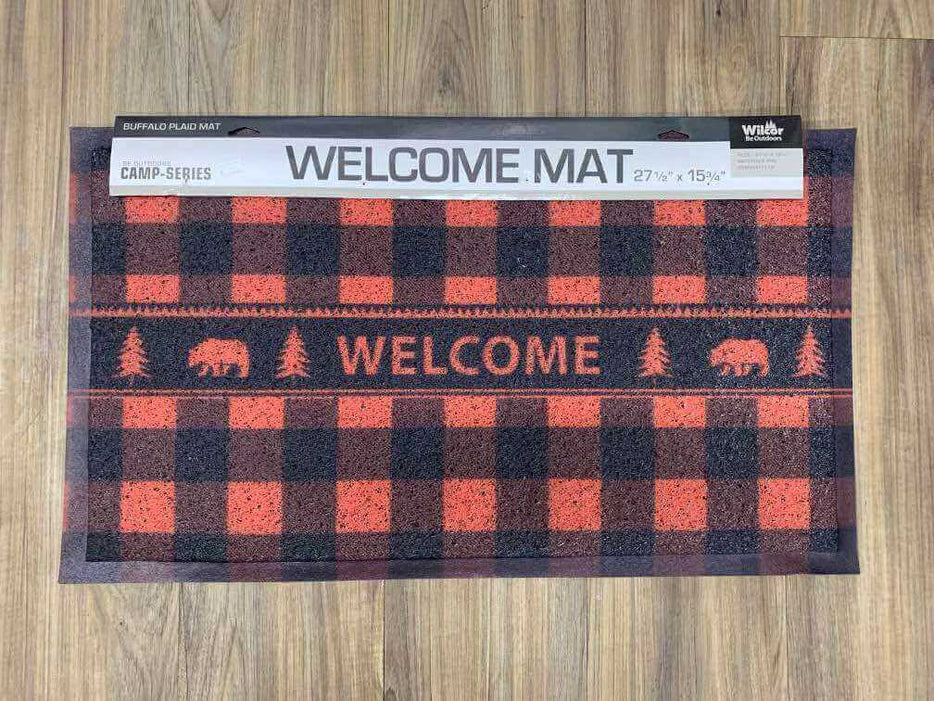 Red and black buffalo plaid welcome mat with bear and pine tree design, size 15.75"x27.5", perfect for entryways.