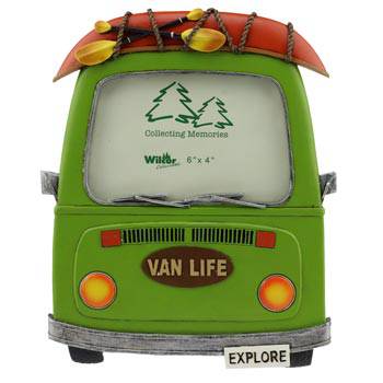 Green van life photo frame replicating classic westy camper design, holds 4x6in photo, polyresin material with explore license plate.