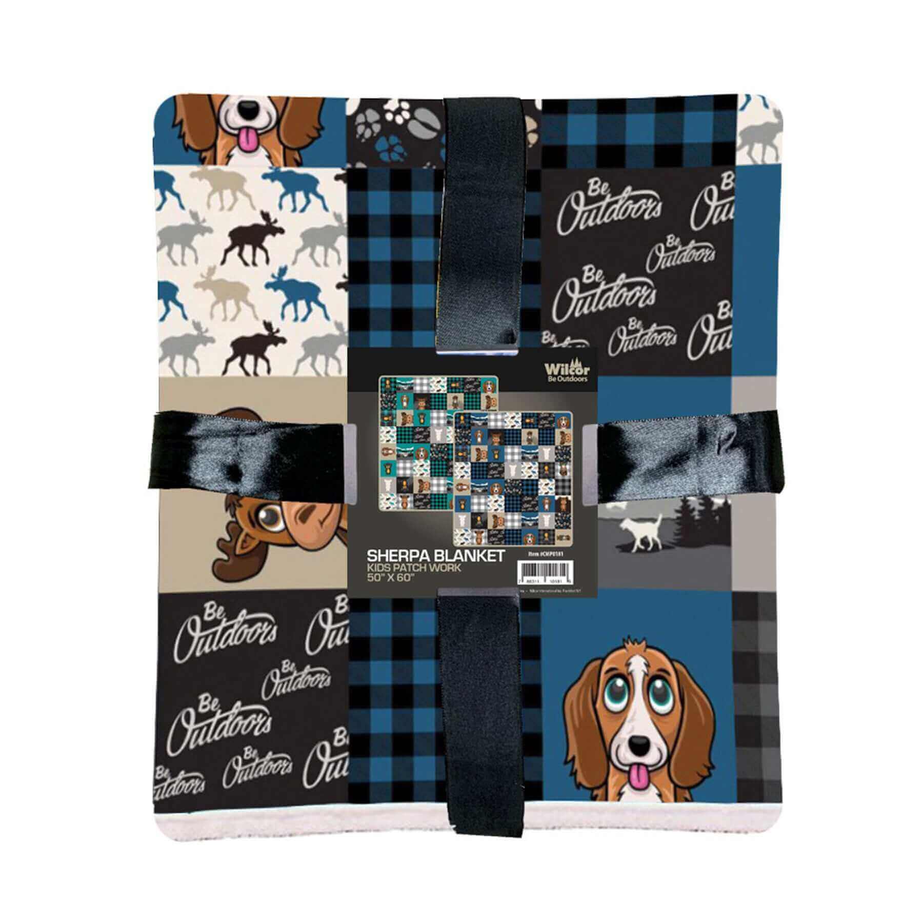 Wilcor Kids Patch Sherpa Blanket with colorful patchwork and soft sherpa backside, 50x60 inches, available at Cabin Depot. Design varies.