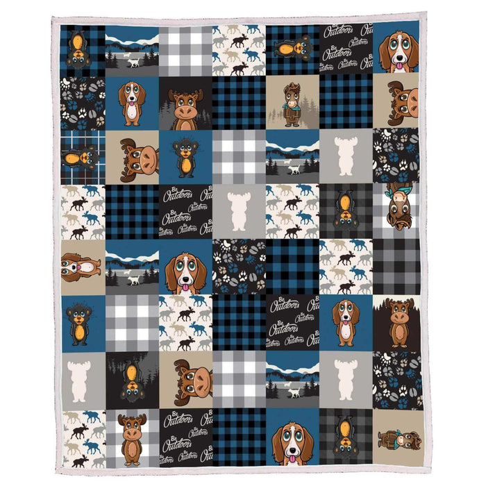 Kids patchwork sherpa blanket, 50" x 60", featuring colorful cartoon animals and plaid squares, with soft sherpa material backside.