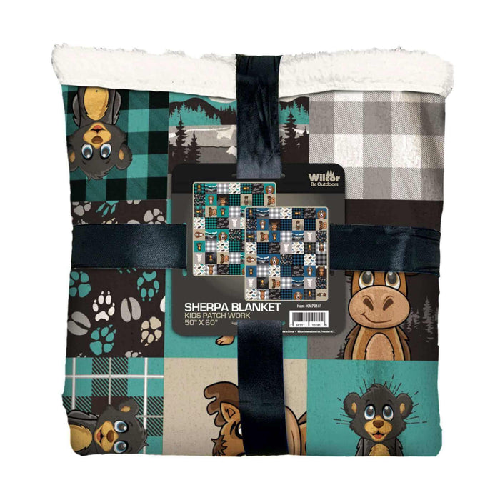 Kids Patch Sherpa Blanket with colorful animal patchwork and soft sherpa material, size 50" x 60", wrapped with a black ribbon.