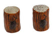 Pinecone design salt and pepper shakers resembling logs, made of heavy dolomite, 1.5" x 1.5" x 2.5", FDA approved.