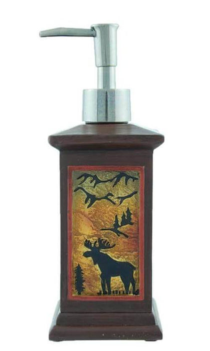 Elegant square moose soap dispenser with rustic design, 8.25x3x8.25 inches, ideal for nature-themed decor.