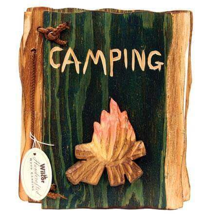 Wooden photo album with carved campfire and "Camping" text on the cover, holds 36 photos up to 5"x7", ideal gift idea.