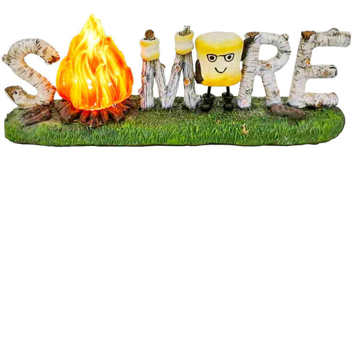 Polyresin S'more decoration with light-up fire, birch letters, and marshmallow character, 9.5"x2.6"x3", battery included