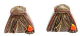 Tent-shaped salt and pepper shakers with decorative campfire accents.