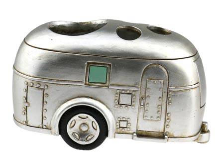 Polystone travel trailer toothbrush holder in silver with vintage design, 7"x4"x4", ideal for travel and home use.