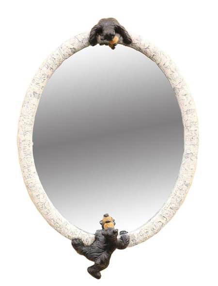 Oval birch mirror with bear figure accents, size 10" x 2" x 14.5", named Willie Bear Birch Mirror.