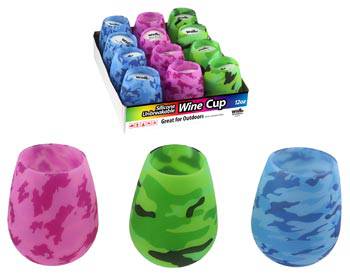 Silicone wine cups in camo colors pink, green, and blue, 12oz size, foldable and dishwasher safe, ideal for outdoor use.