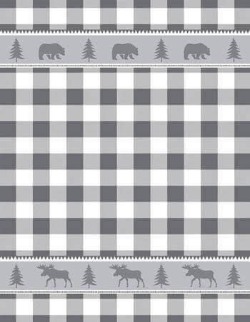 Black and white buffalo plaid pattern with moose and tree border design on a fleece blanket.