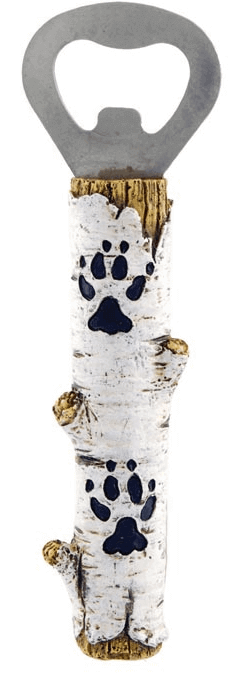 Polystone birch-style bottle opener with assorted black paw prints, 5-inch long.