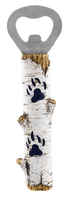 Birch bottle opener with paw prints design on polystone handle, 5 inches long.