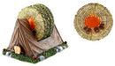 Campfire and tent-themed 4 piece coaster set with decorative log design, ideal for outdoor camping enthusiasts.