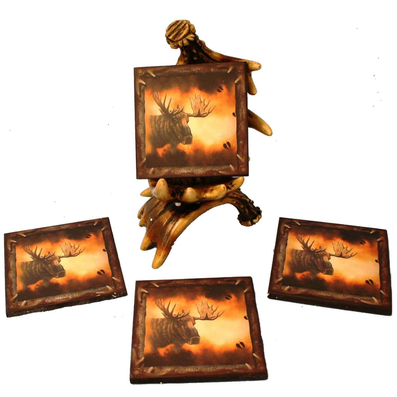Wildlife Creations Moose Coaster Set from Cabin Depot, hand-painted poly resin antler holder with 4 moose-themed coasters.