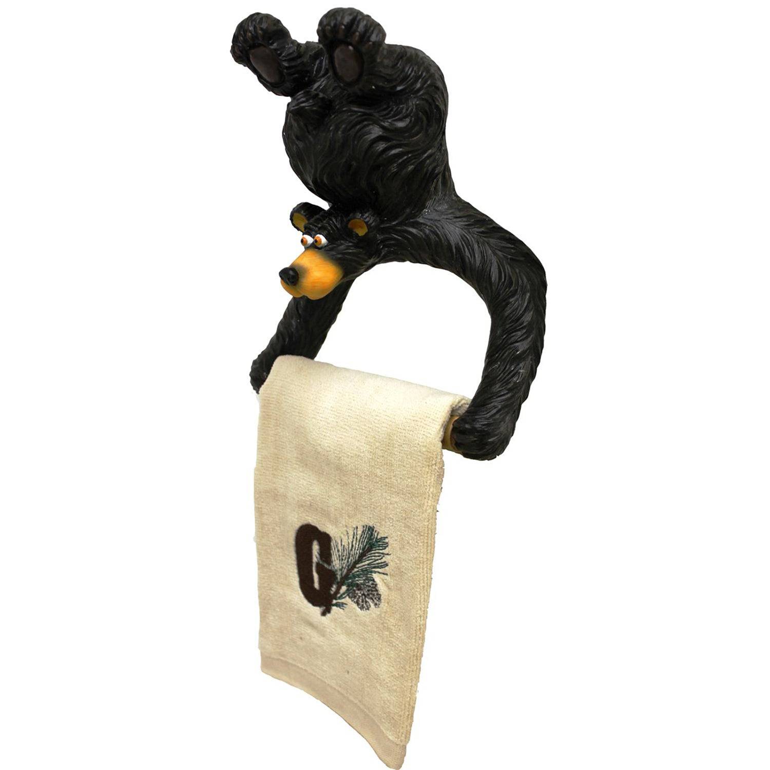 Hand painted poly resin bear towel holder from Cabin Depot, featuring a whimsical design perfect for rustic or cabin decor.