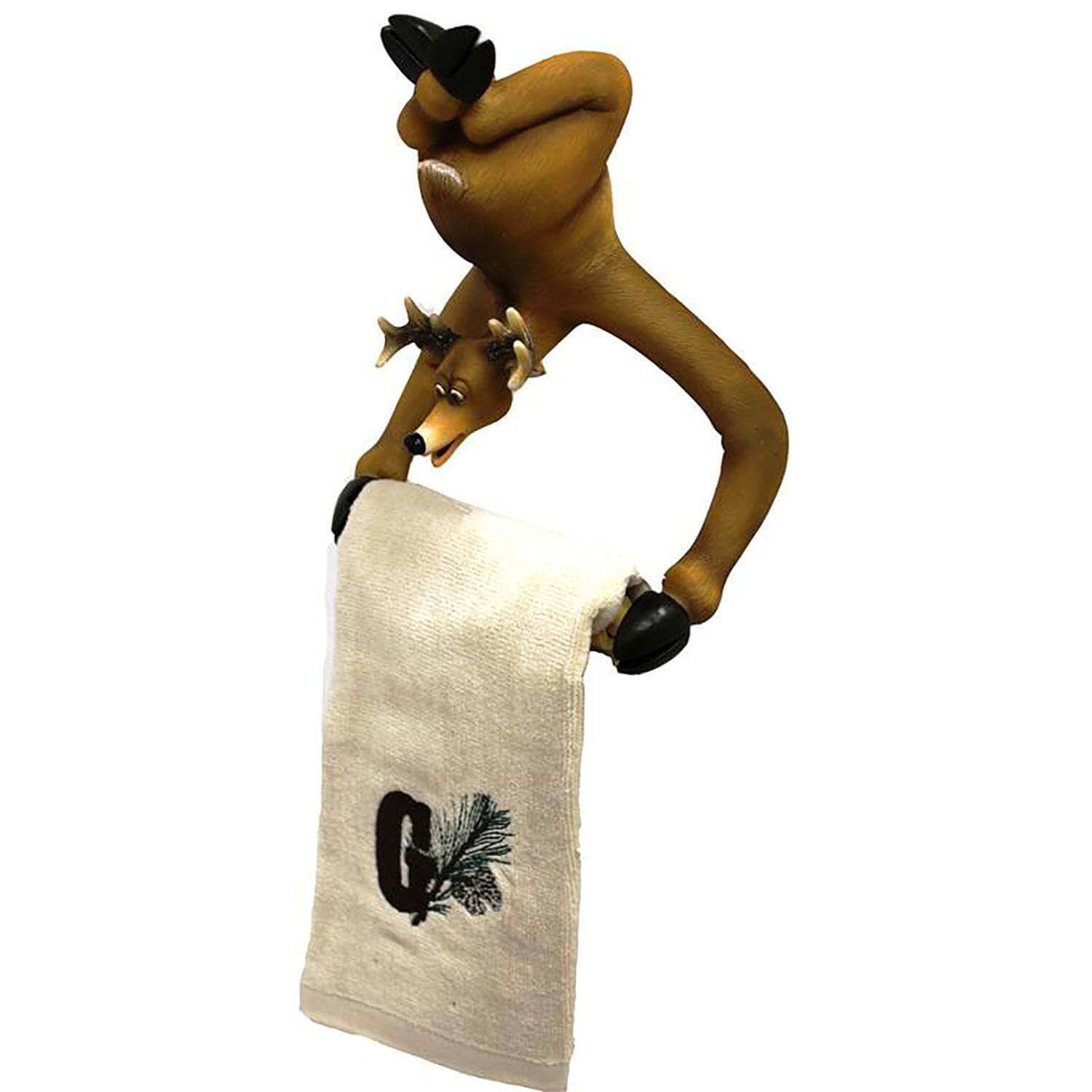 Hand painted poly resin deer towel holder from Cabin Depot, featuring a whimsical design perfect for rustic cabin decor.