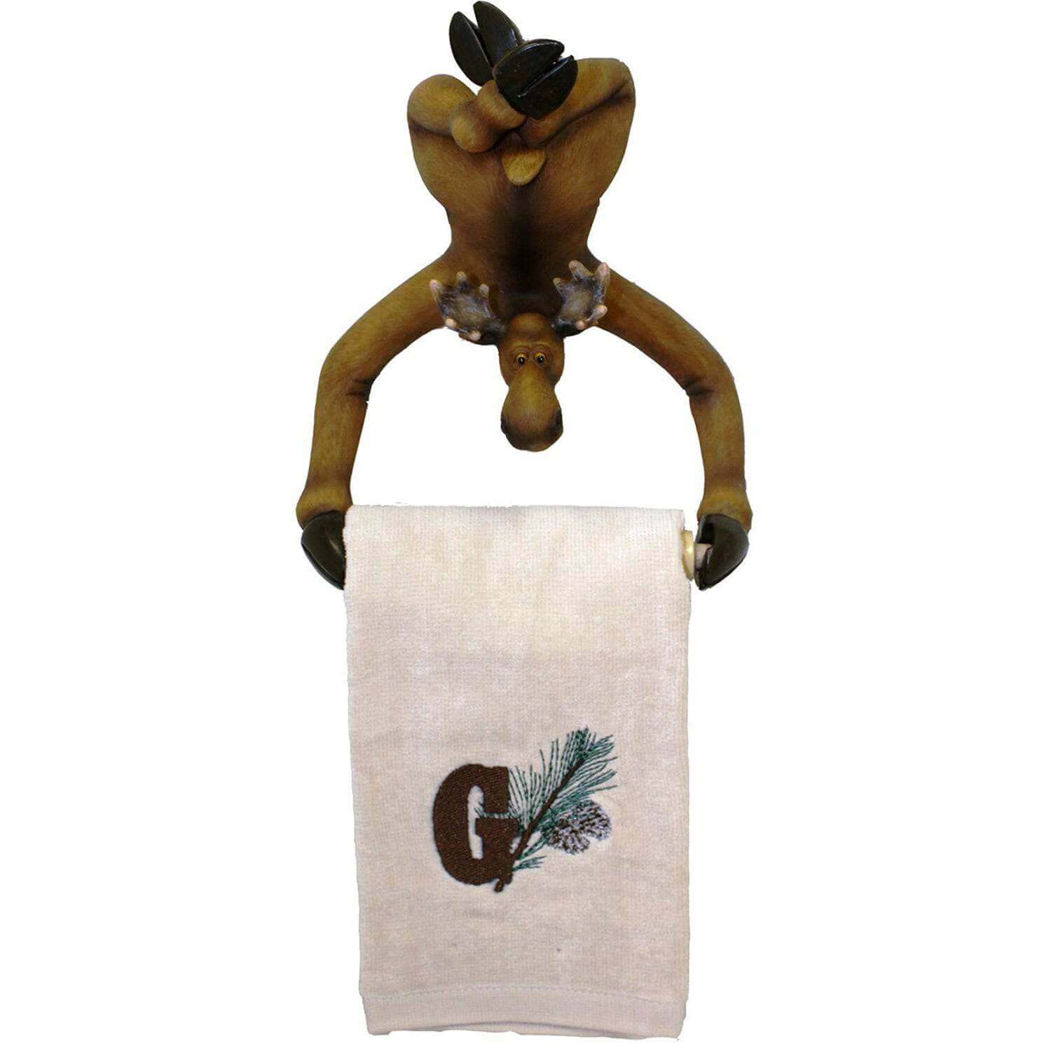 Hand painted moose towel holder by Cabin Depot, whimsical cabin decor in poly resin. Ideal for holding towels in rustic settings.