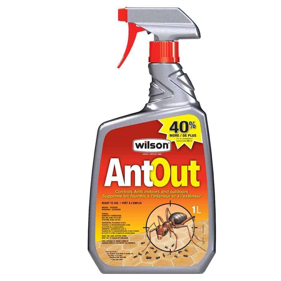 Wilson 1L AntOut Spray for indoor/outdoor ant control, available at Cabin Depot. Kills on contact with proven residual action.