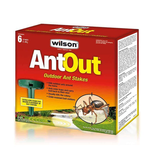 Wilson AntOut Outdoor Ant Stake Bait Stations 6Pk box packaging, kills ants, child-resistant design, easy outdoor use.