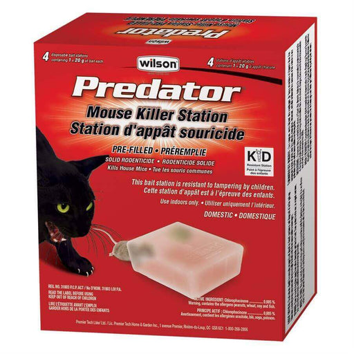 Wilson Predator Disposable Mouse Bait Station 4 Pack with 80g tamper-resistant bait, child-safe, and clear packaging for indoor use.