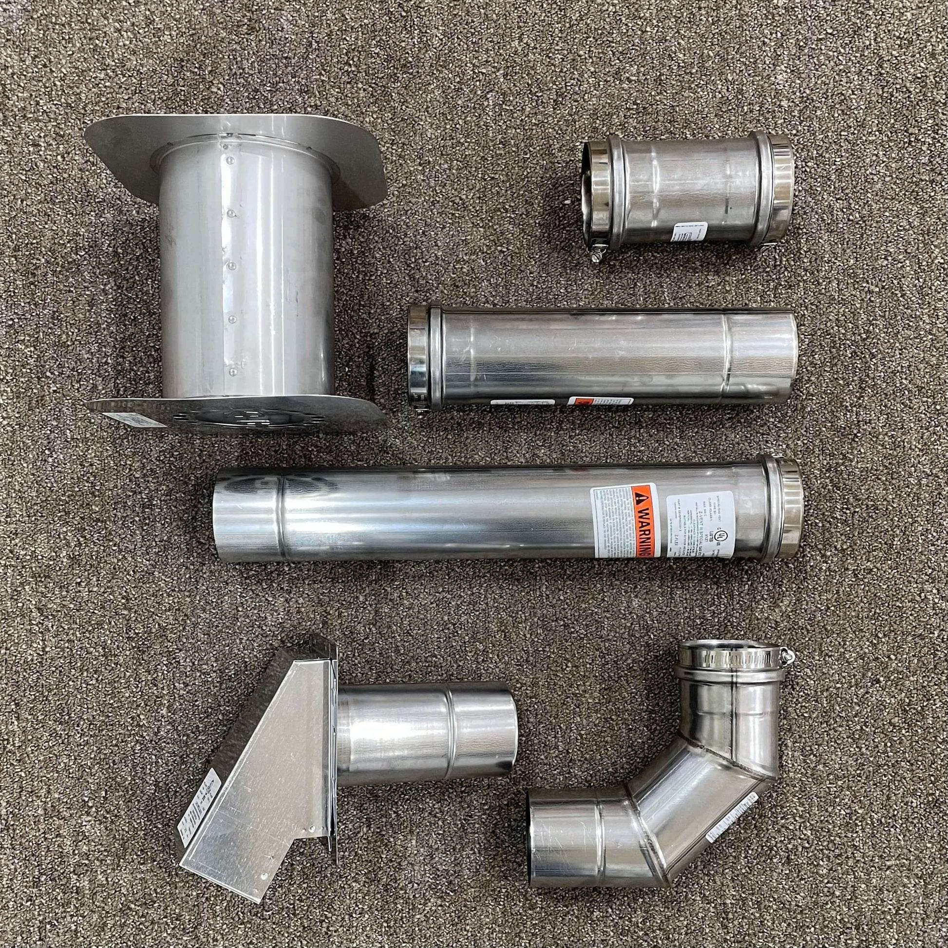 Z-Flex 3" Horizontal Vent Kit components on display, including stainless steel pipes and fittings. Available at Cabin Depot.