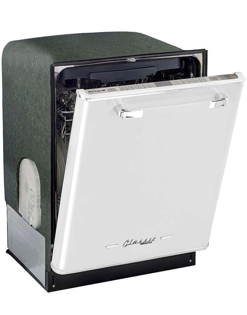 Unique 24" Classic Retro Dishwasher with chrome accents from Cabin Depot. Iconic '50s design, quiet performance, multiple wash cycles.