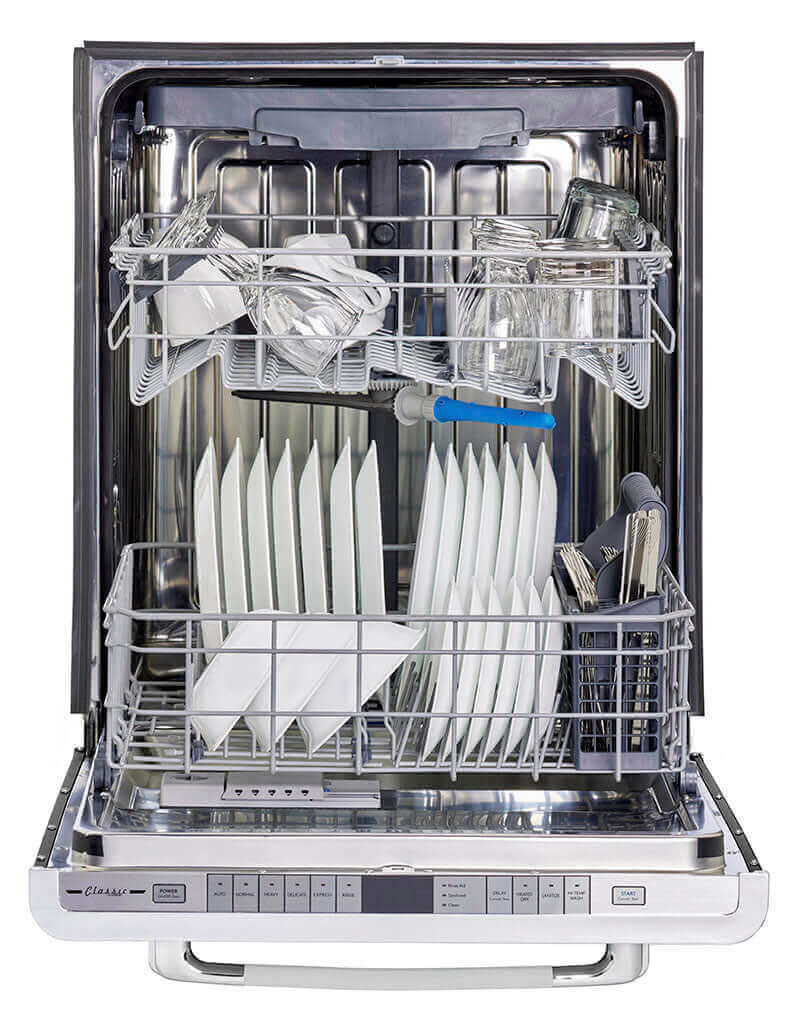 Unique 24" Classic Retro Dishwasher with chrome accents - a quiet, efficient appliance from Cabin Depot for seamless kitchen cleaning.