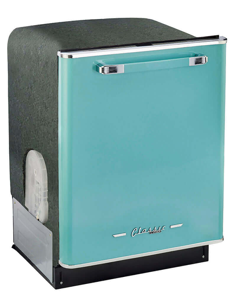 Unique 24-inch Classic Retro Dishwasher in teal with chrome accents, available at Cabin Depot, perfect for stylish kitchen design.
