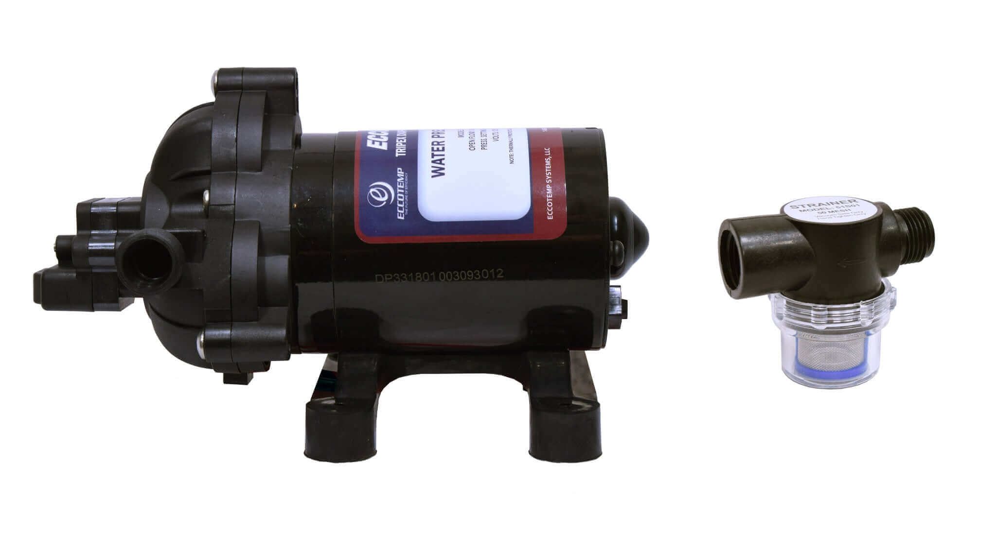 Eccoflo Pump and Strainer for Eccotemp L10 Outdoor Tankless Water Heater, ideal for cabin or RV use - Cabin Depot exclusive