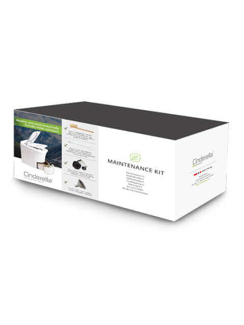 Cinderella Maintenance Kit box for Freedom toilet, available at The Cabin Depot, featuring essential supplies for incinerating toilet upkeep.