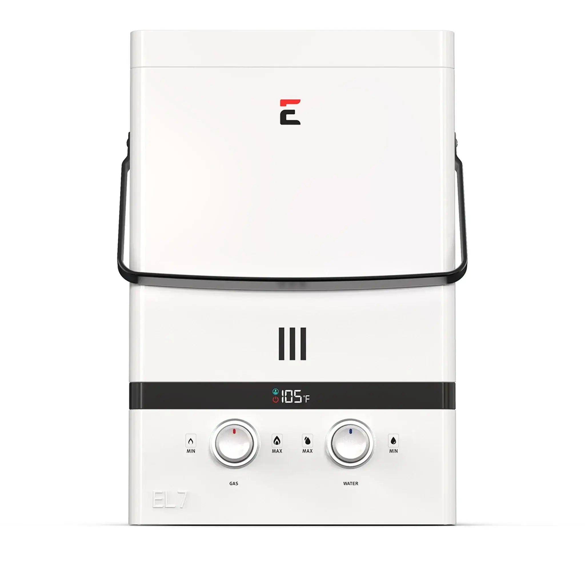 Eccotemp EL7 Luxe Outdoor Portable Tankless Water Heater with LED Display, available at Cabin Depot, featuring white tri-coat paint.