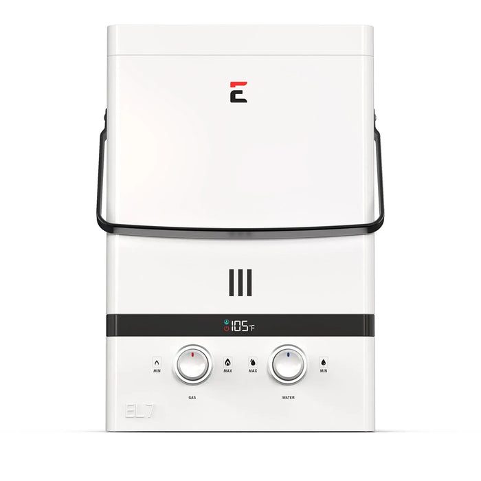 Eccotemp EL7 Luxe Portable Tankless Water Heater with LED display and all-weather rain cap in tri-coat pearl white.