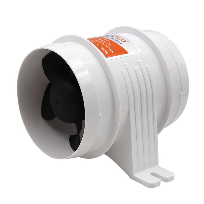 SEAFLO 12V In-Line Blower SFIB1-235-04 for efficient high output ventilation, white housing with black fan blades.