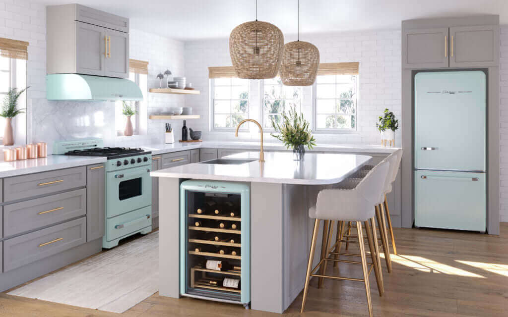 Modern kitchen featuring a retro-style 18 Cu/Ft bottom mount refrigerator from Cabin Depot, white finish with vintage design.