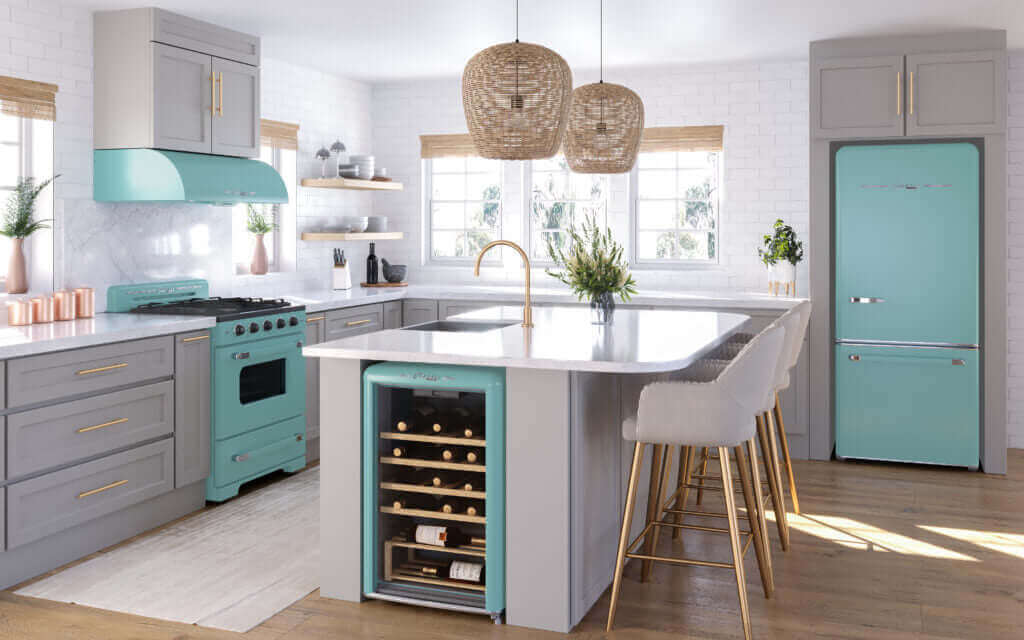 Modern kitchen featuring Cabin Depot's Unique 120V 18 Cu/Ft Classic Retro Refrigerator in white, ENERGY STAR Certified for efficiency.