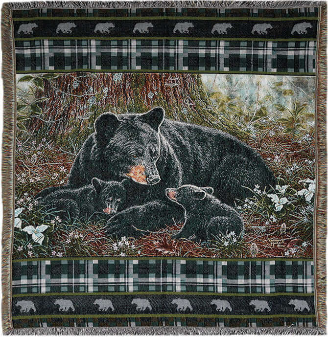 Bear family resting in forest-themed tapestry throw with plaid border design