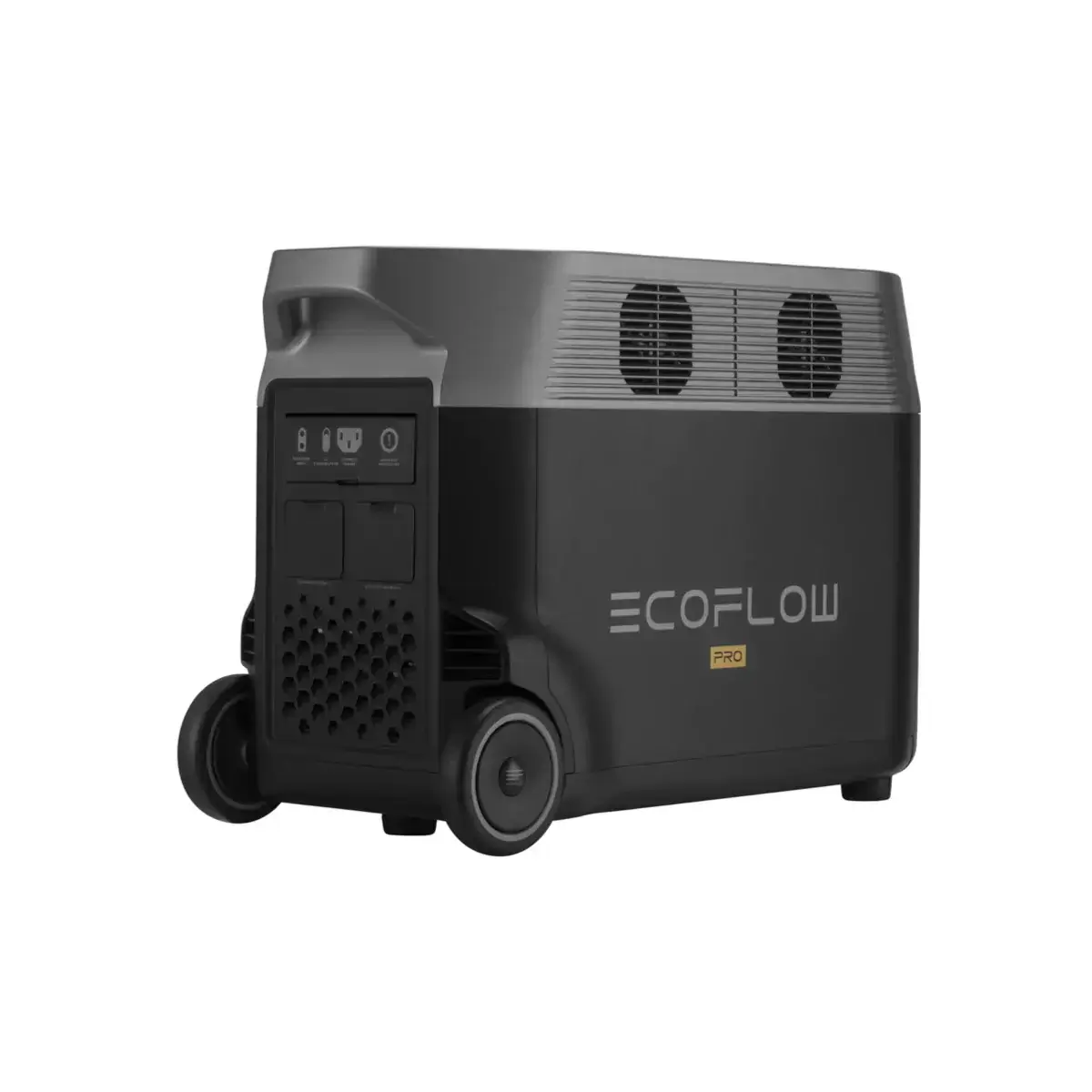EcoFlow DELTA Pro Portable Power Station, 3.6kWh Home Battery for Cabin Depot, Black, Side View, On Wheels for Easy Mobility